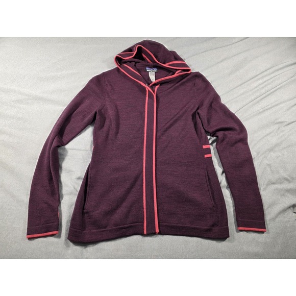 Patagonia Women Large Merino‎ Wool Full Zip Cardigan Hooded Burgundy *FLAWS* - Picture 1 of 10